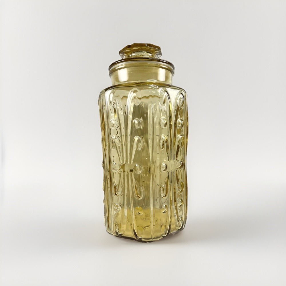 LE Smith Federal Glass Amber Atterbury Scroll Canister Yellow Vintage MCM Large
